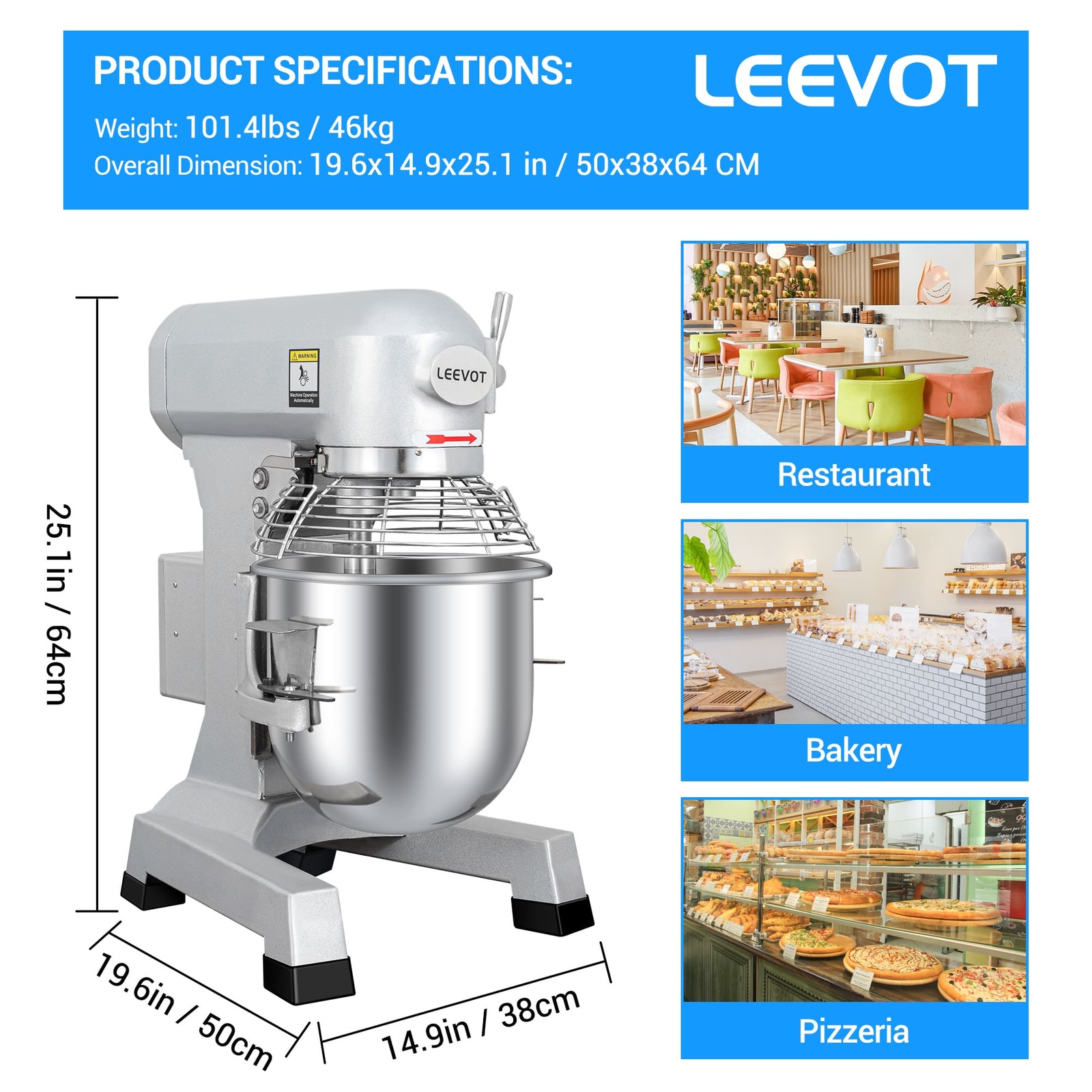 Leevot 15 Qt. Commercial Stand Mixer - Timing Function, 3-Speeds, Stainless Steel Bowl, Heavy Duty Electric Mixer for Bakery Pizzeria