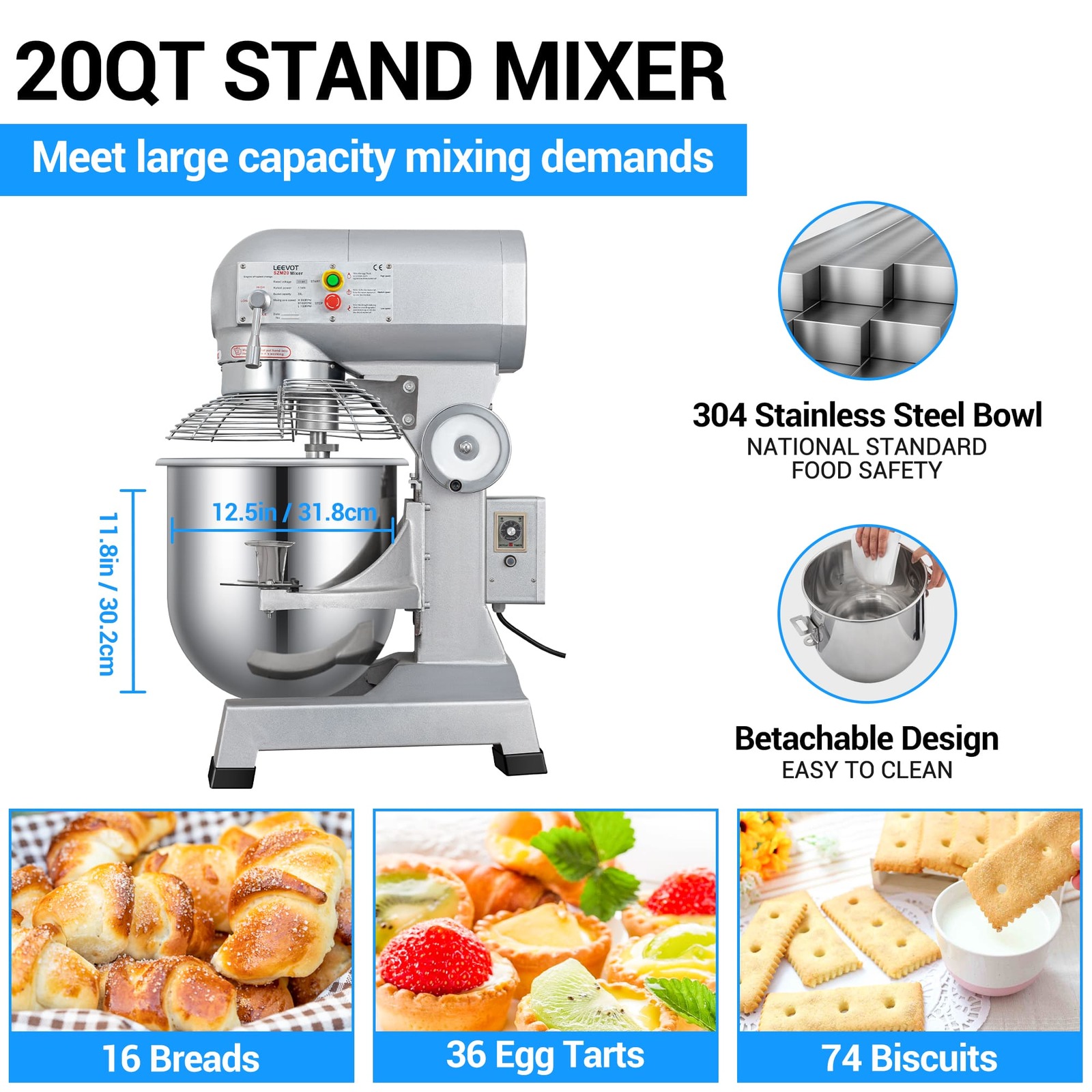 Leevot 20Qt. Commercial Stand Mixer - Precision Timing, 3-Speeds, Stainless Steel Bowl, Heavy Duty Electric Mixer for Bakery Pizzeria