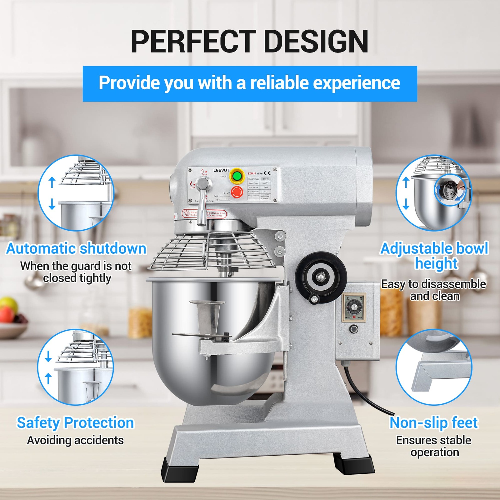 Leevot 15 Qt. Commercial Stand Mixer - Timing Function, 3-Speeds, Stainless Steel Bowl, Heavy Duty Electric Mixer for Bakery Pizzeria