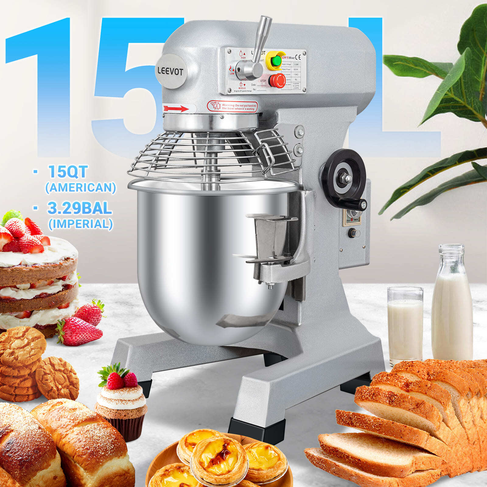 Leevot 15 Qt. Commercial Stand Mixer - Timing Function, 3-Speeds, Stainless Steel Bowl, Heavy Duty Electric Mixer for Bakery Pizzeria