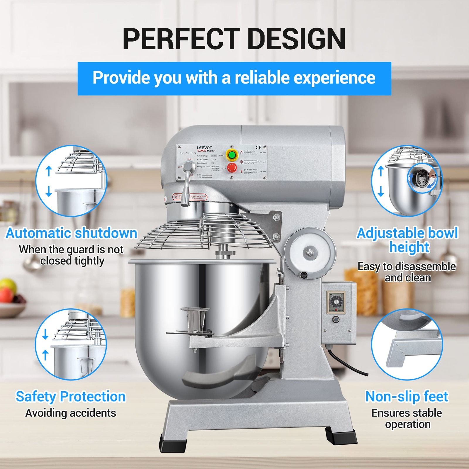 Leevot 20Qt. Commercial Stand Mixer - Precision Timing, 3-Speeds, Stainless Steel Bowl, Heavy Duty Electric Mixer for Bakery Pizzeria