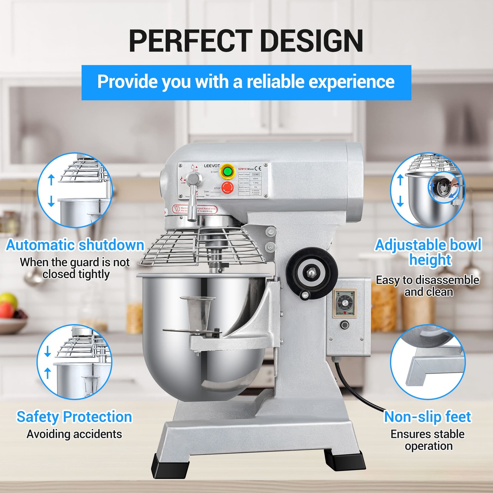 Leevot 10 Qt. Planetary Stand Mixer - 3-Speeds, Guard & Standard Accessories