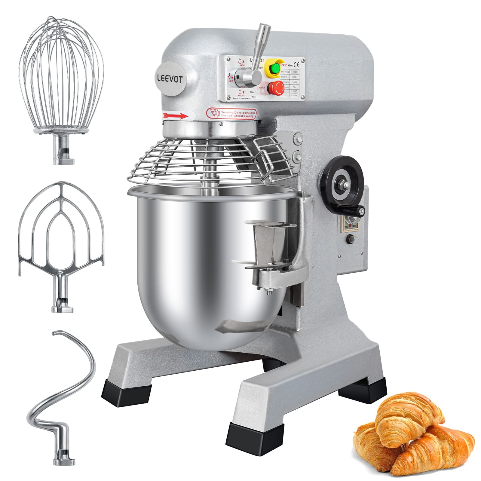 Leevot 15 Qt. Commercial Stand Mixer - Timing Function, 3-Speeds, Stainless Steel Bowl, Heavy Duty Electric Mixer for Bakery Pizzeria