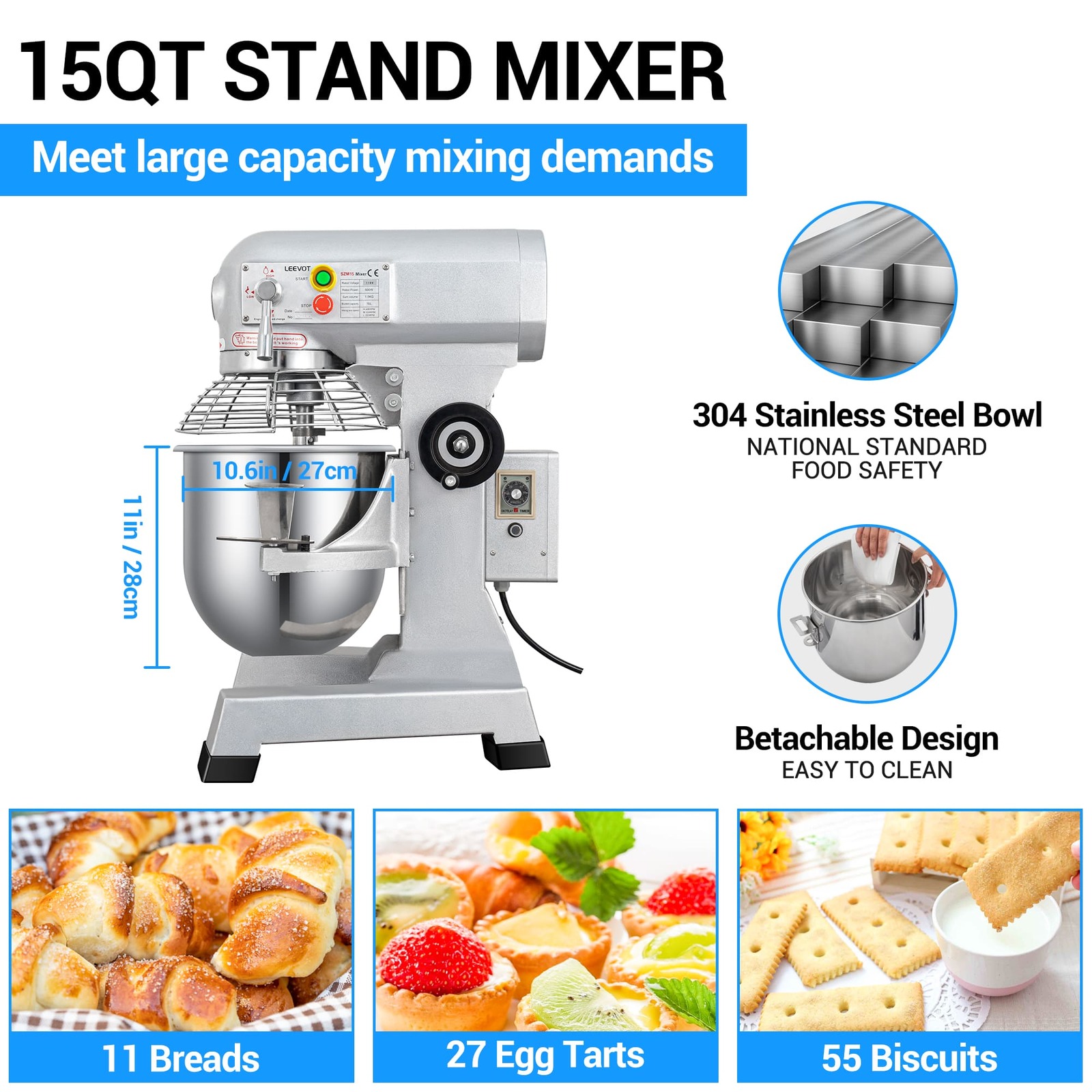 Leevot 15 Qt. Commercial Stand Mixer - Timing Function, 3-Speeds, Stainless Steel Bowl, Heavy Duty Electric Mixer for Bakery Pizzeria