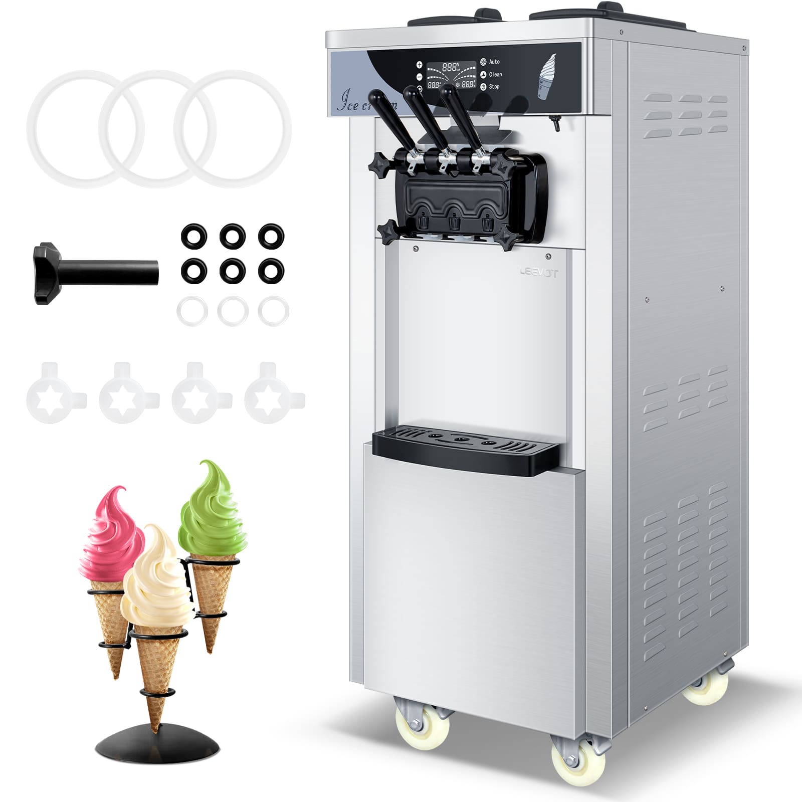 LEEVOT Commercial Soft Serve Ice Cream Machine - Floor Model, 3 Flavors, 2 *6L Hoppers, 3 Dispensers for Restaurants and Snack Bars