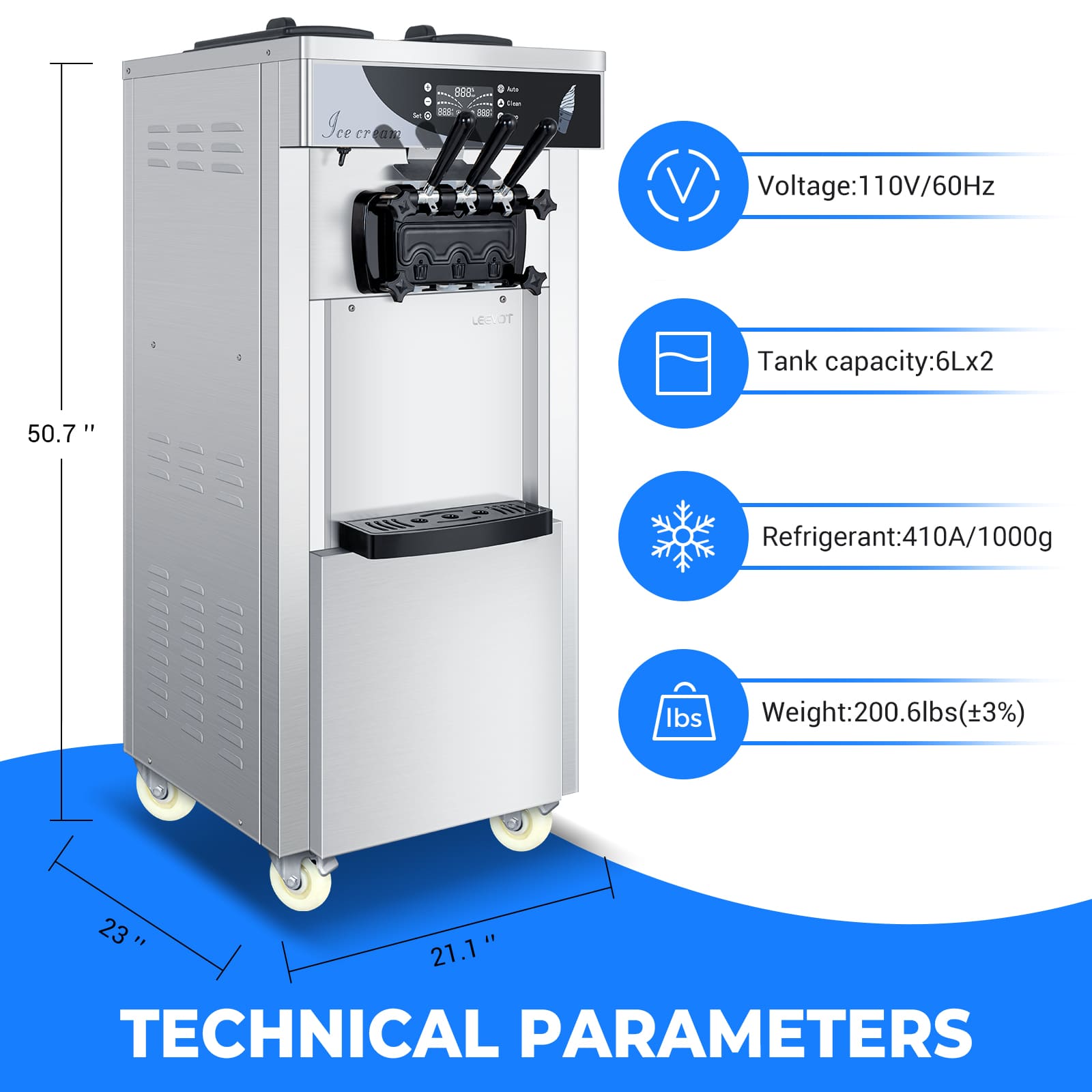 Leevot Commercial Soft Serve Ice Cream Machine - Floor Model, 3 Flavors, 2 Hoppers, 3 Dispensers for Restaurants and Snack Bars