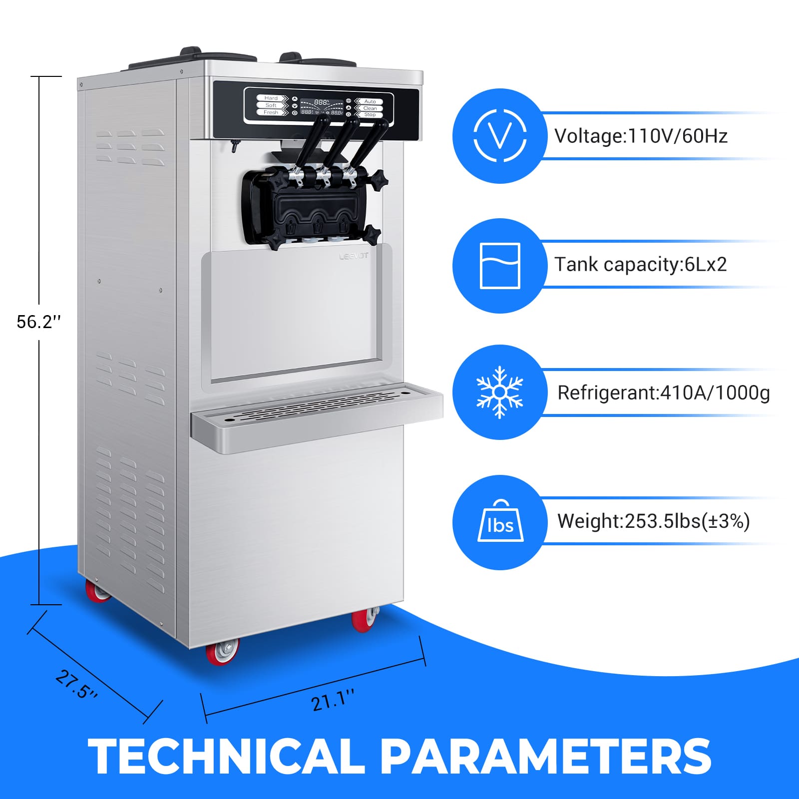 Leevot Commercial Soft Serve Floor Model Ice Cream Maker with Pre-cooling and Freshness Function, 2 Hoppers, and 3 Dispensers