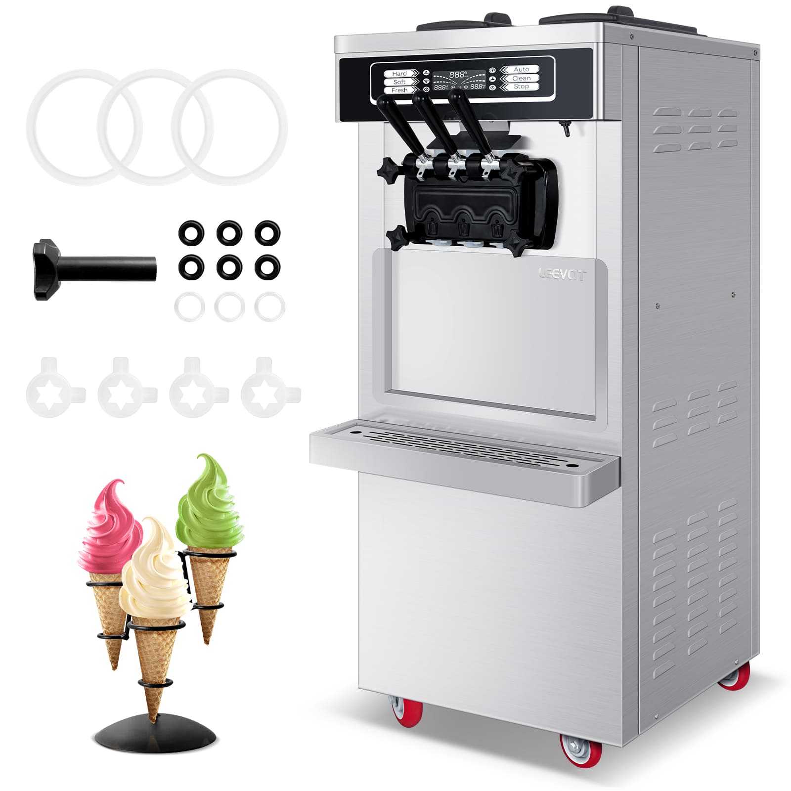 Leevot Commercial Soft Serve Floor Model Ice Cream Maker with Pre-cooling and Freshness Function, 2 Hoppers, and 3 Dispensers