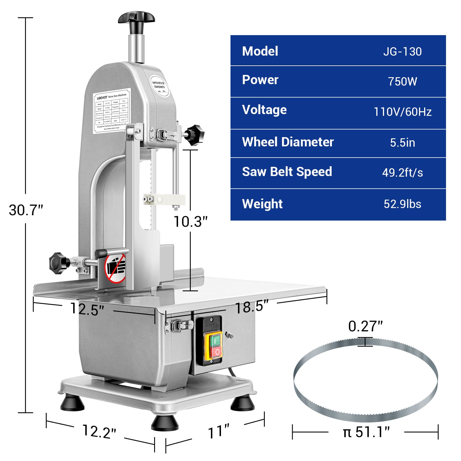 Leevot Electric Bone and Meat Saw Machine - 750W Commercial Bandsaw Cutter for Frozen Meat, Chicken, Fish, Beef, and More