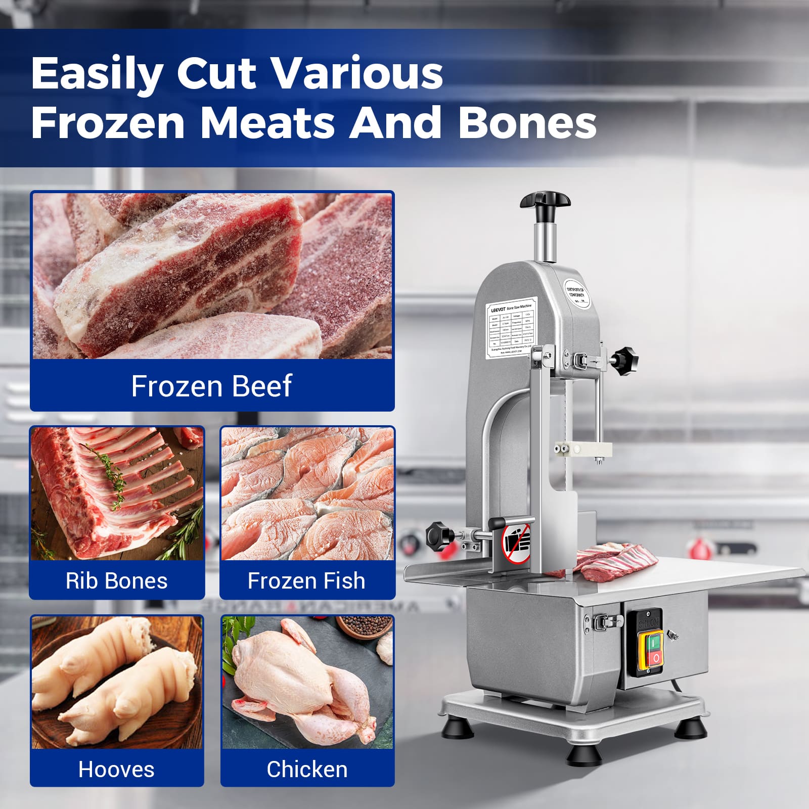 Leevot Electric Bone and Meat Saw Machine - 750W Commercial Bandsaw Cutter for Frozen Meat, Chicken, Fish, Beef, and More