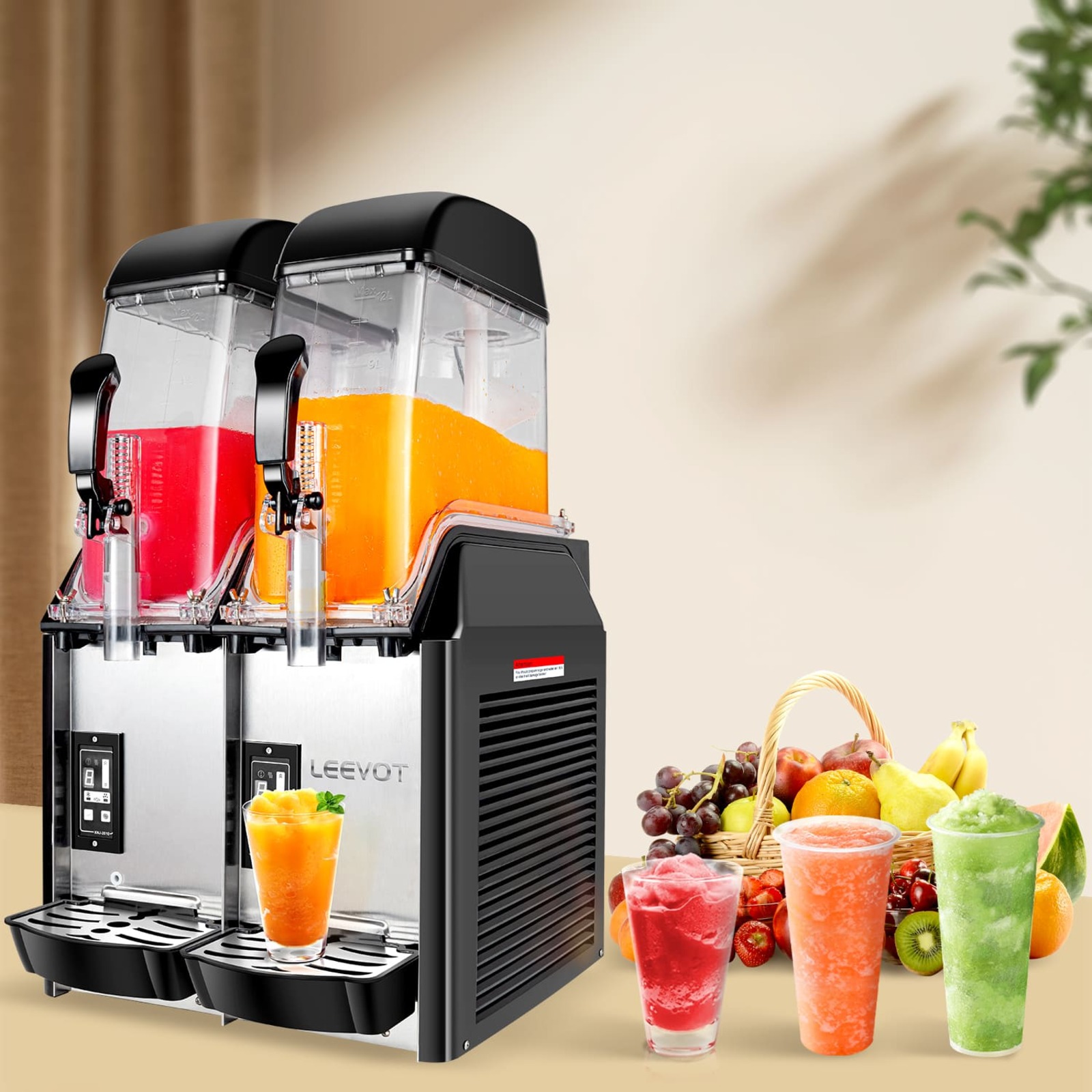 LEEVOT Double Tank 3.2 Gallon Commercial Slushy Machine - Frozen Beverage Dispenser for Bars, Restaurants, and Parties"