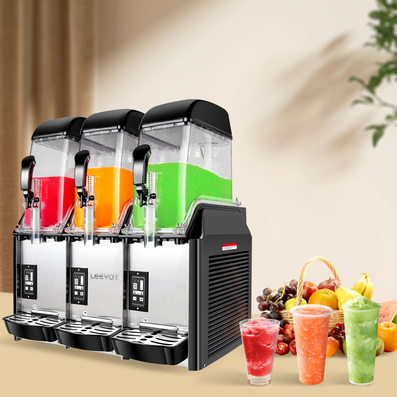 LEEVOT Triple Tank 3.2 Gallon Commercial Slushy Machine - Frozen Beverage Dispenser for Bars, Restaurants, and Parties