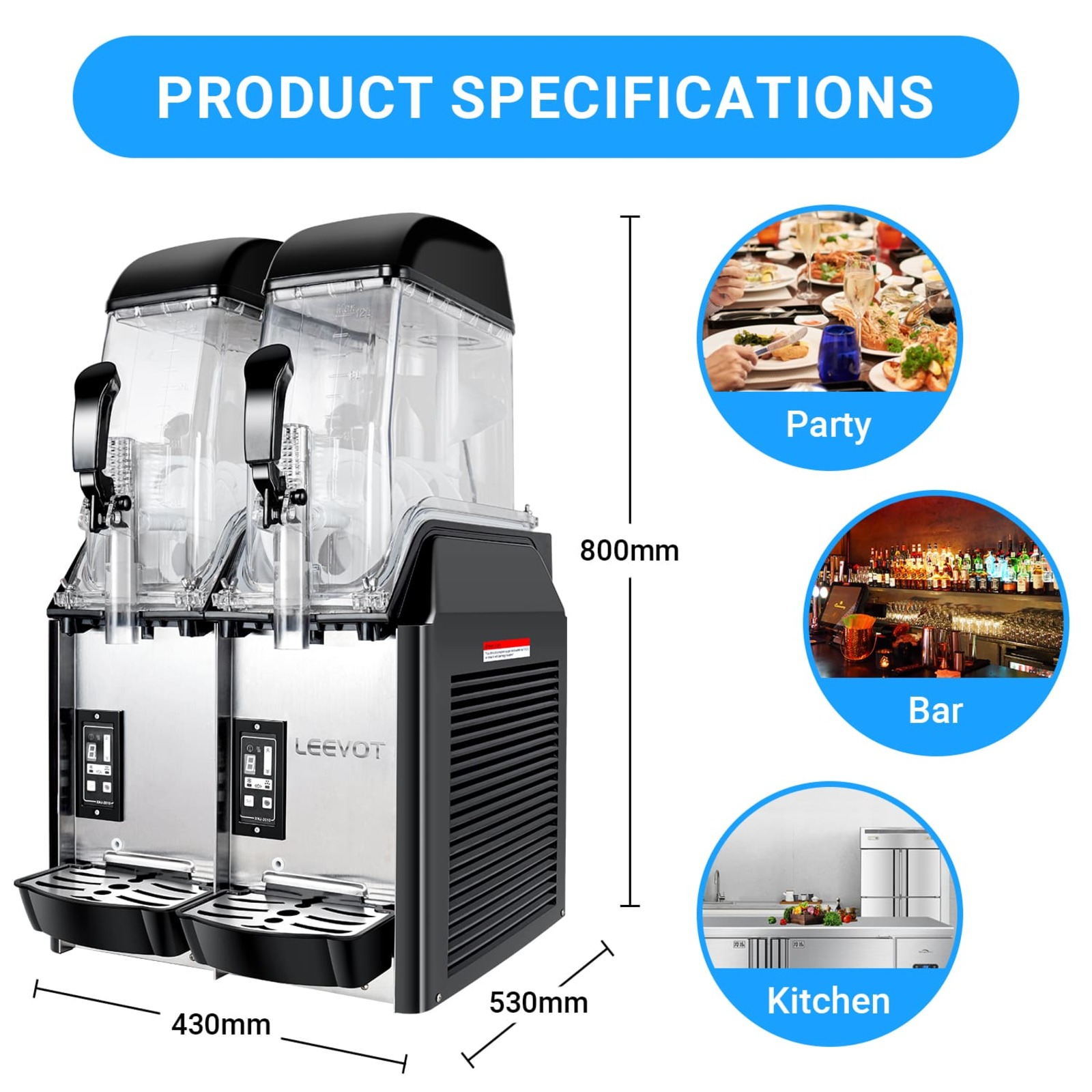 LEEVOT Double Tank 3.2 Gallon Commercial Slushy Machine - Frozen Beverage Dispenser for Bars, Restaurants, and Parties"