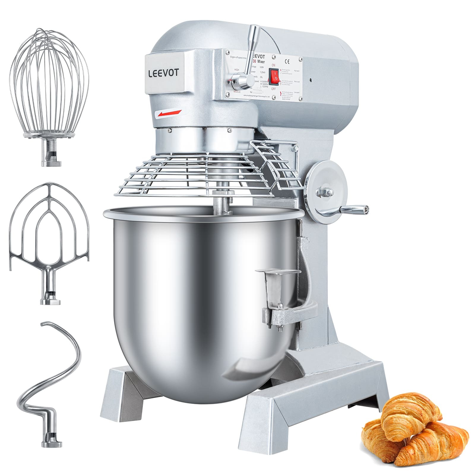 Leevot Main Street Equipment B30 Planetary Floor Mixer - Precision Timing, 1250W Power, Heavy Duty Electric Mixer for Bakery Pizzeria