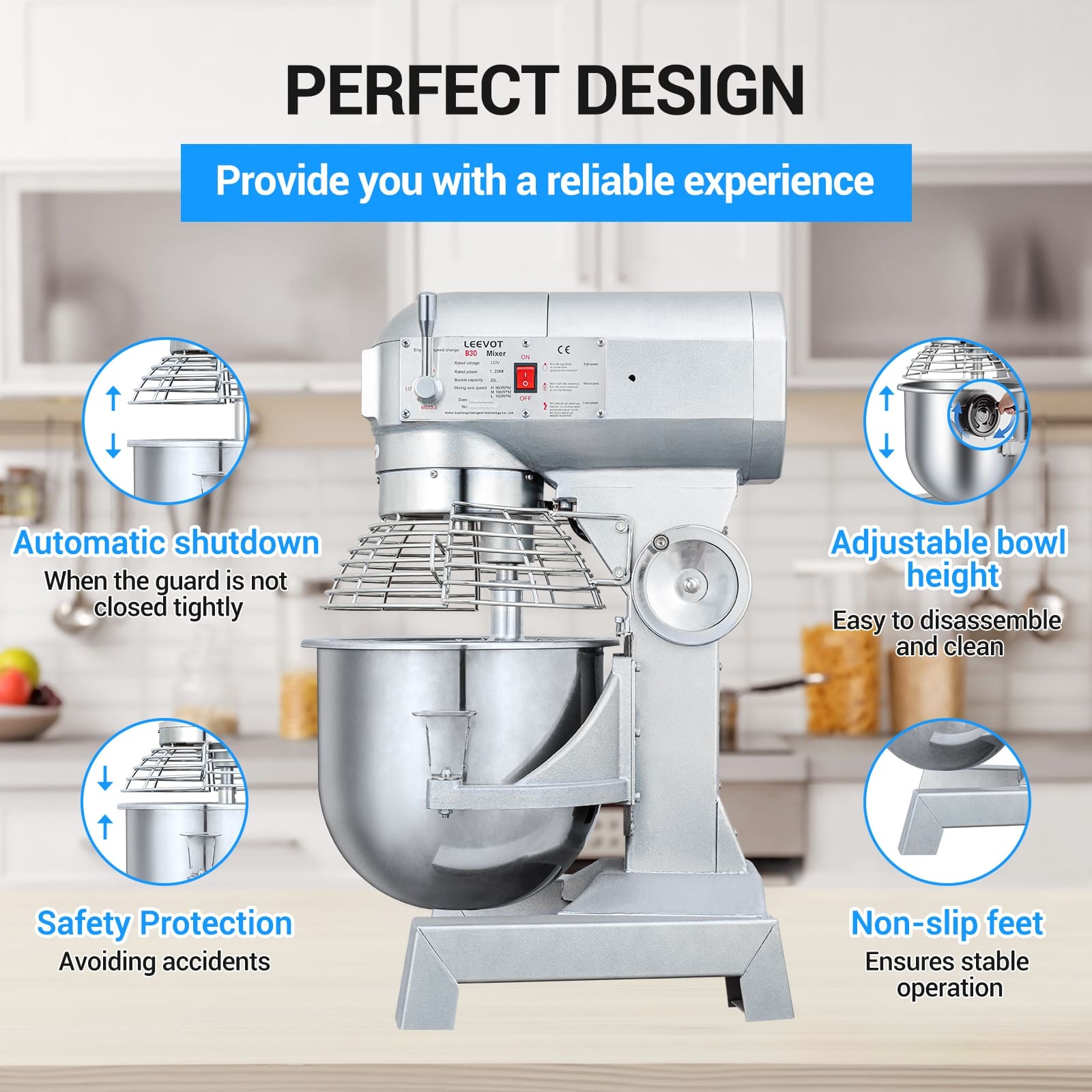 Leevot Main Street Equipment B30 Planetary Floor Mixer - Precision Timing, 1250W Power, Heavy Duty Electric Mixer for Bakery Pizzeria