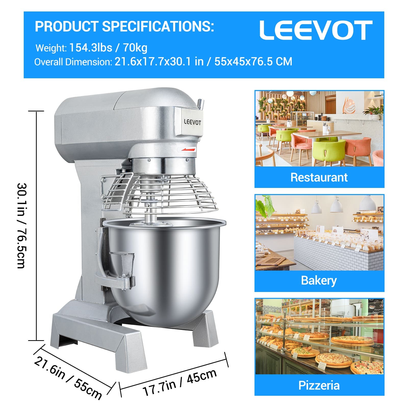 Leevot Main Street Equipment B30 Planetary Floor Mixer - Precision Timing, 1250W Power, Heavy Duty Electric Mixer for Bakery Pizzeria