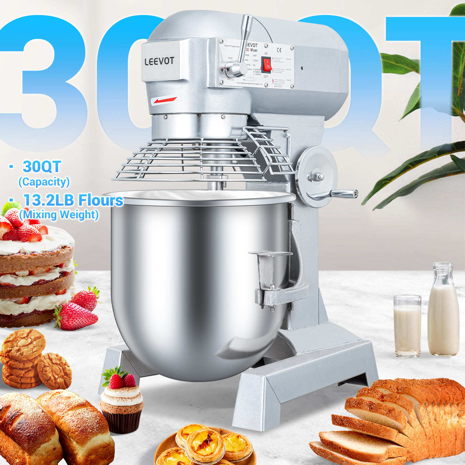 Leevot Main Street Equipment B30 Planetary Floor Mixer - Precision Timing, 1250W Power, Heavy Duty Electric Mixer for Bakery Pizzeria