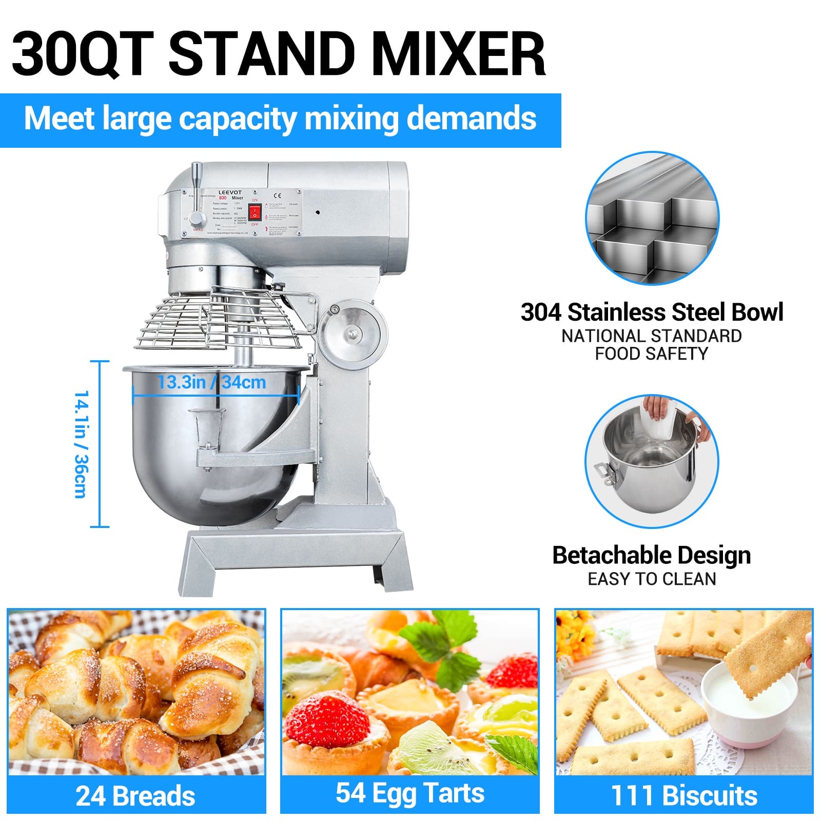 Leevot Main Street Equipment B30 Planetary Floor Mixer - Precision Timing, 1250W Power, Heavy Duty Electric Mixer for Bakery Pizzeria