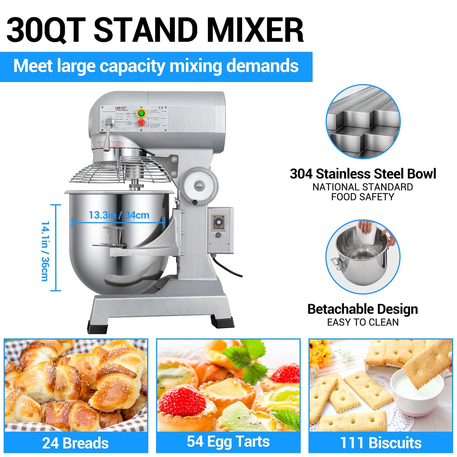 Leevot 30Qt. Planetary Floor Mixer - Precision Timing, 1250W Power, Heavy Duty Electric Stand Mixer with Guard & Standard Accessories