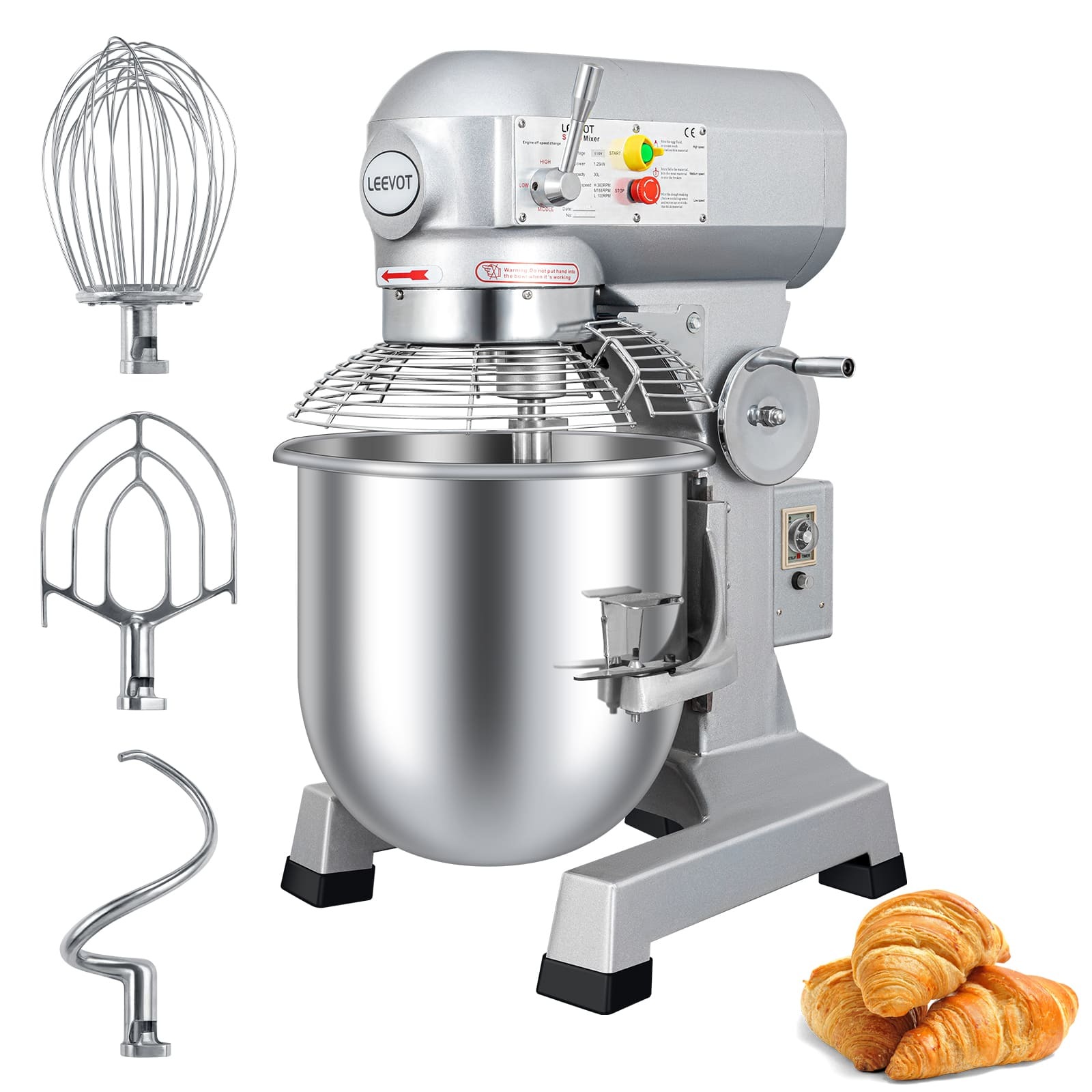 Leevot 30Qt. Planetary Floor Mixer - Precision Timing, 1250W Power, Heavy Duty Electric Stand Mixer with Guard & Standard Accessories