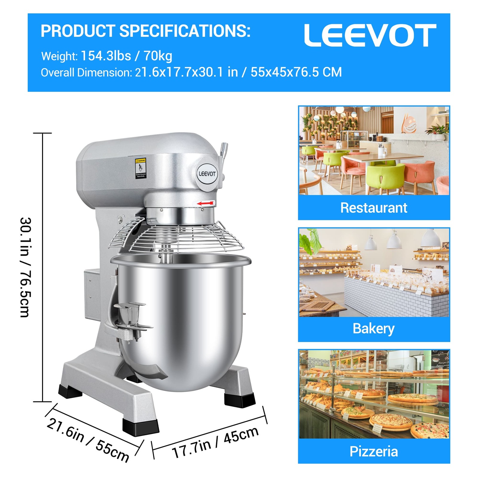 Leevot 30Qt. Planetary Floor Mixer - Precision Timing, 1250W Power, Heavy Duty Electric Stand Mixer with Guard & Standard Accessories